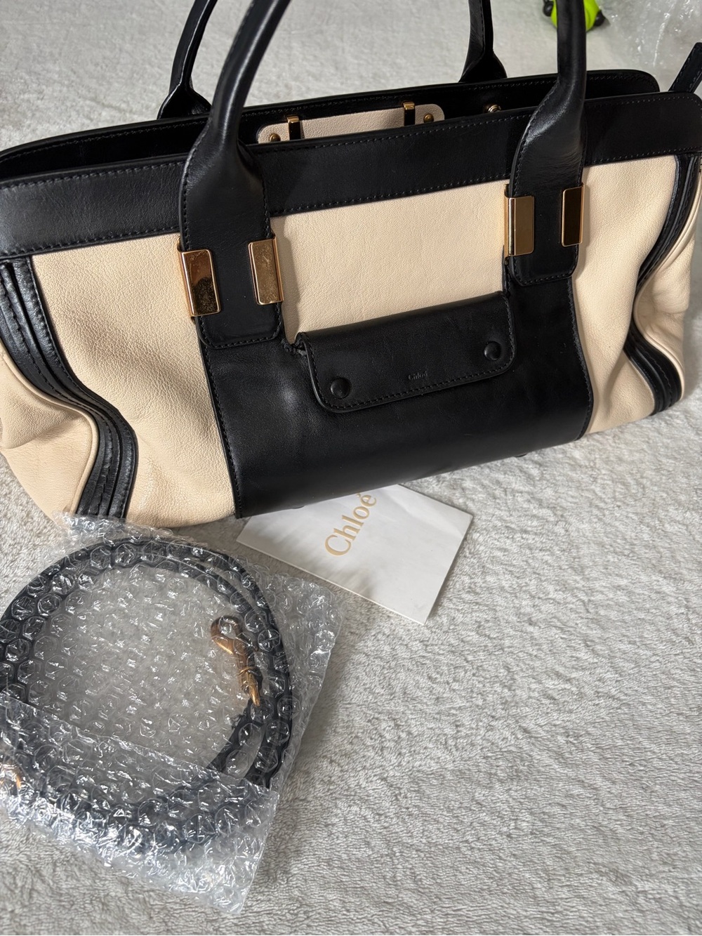 Chloe Alice Black and Cream Leather Satchel